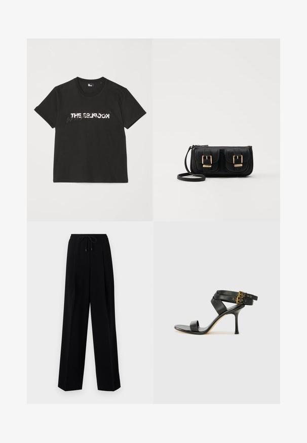 Svart bomull t-skjorte med kortermet design, som har et trykt hvitt og grått "THE 2LOOK"-motiv på forsiden. Klassisk rund hals.; Svarte bukser med avslappet passform, plisserte foran, elastisk liv og snor. Stoffet ser glatt ut med en lett glans.; Svarte hælsandaler med kryssende stropper og justerbar spenne. Har en jevn tekstur og avsmalnende stilettoklakk.; Svart skinn crossbody veske med to frontlommer, gyldne spenner, glidelåslukking og en slank stropp. Teksturert overflate og kompakt rektangulær form.