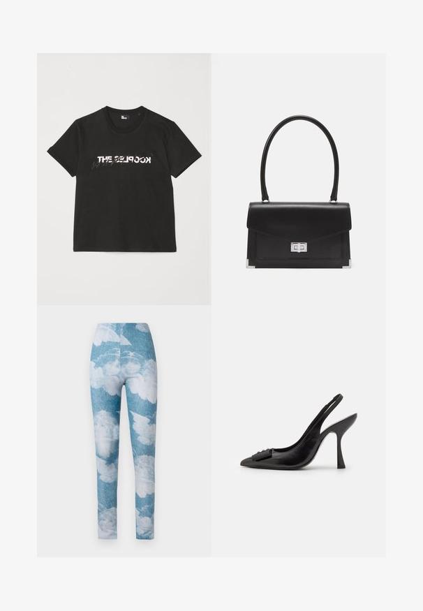 Černé bavlněné tričko s krátkým rukávem, na přední straně se tiskne bílý a šedý design "THE 2LOOK". Klasický kulatý výstřih.; Legíny s modrou denimovou texturou a bílými vzory mraků. Tkanina vypadá elasticky, má přiléhavý střih a délku k kotníkům.; Černá kožená slingback obuv se špičatou špičkou, úzkým vysokým podpatkem a dekorativním mašličkovým prvkem. Hladká textura a elegantní design.; Černá kožená kabelka se strukturovaným designem, horním uchopěním a stříbrným zapínáním. Obsahuje rohové akcenty a hladký povrch.