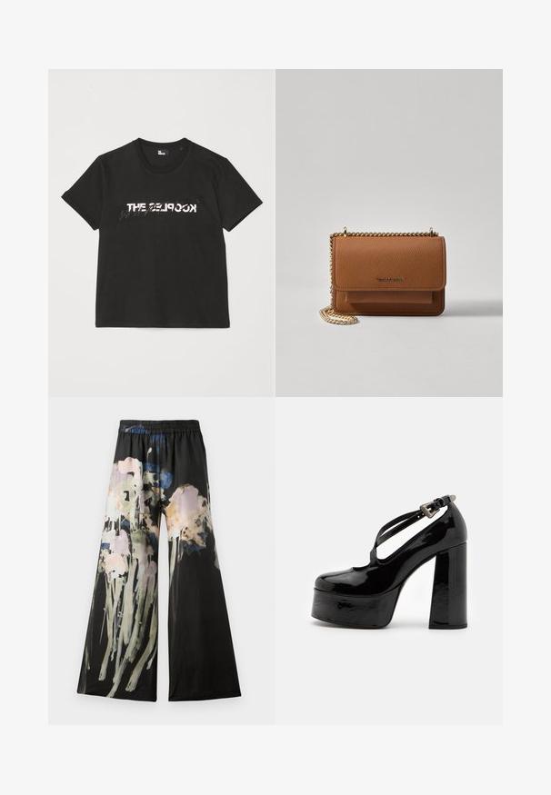 Schwarzes Baumwoll-T-Shirt mit kurzen Ärmeln, das ein gedrucktes weißes und graues "THE 2LOOK"-Design auf der Vorderseite zeigt. Klassischer Rundhalsausschnitt.; Schwarzfarbene Weitbein-Hosen aus Stoff mit einem Aquarell-Blumenmuster in Rosa-, Blau- und Grüntönen; elastischer Bund für angenehmen Tragekomfort.; The Kooples CHAUSSURES - High Heel Pumps - black; Braune strukturierte Ledertasche mit goldener Kettenriemen und Klappenverschluss. Die Vorderseite zeigt ein Logo-Detail und eine Tasche unter der Klappe.