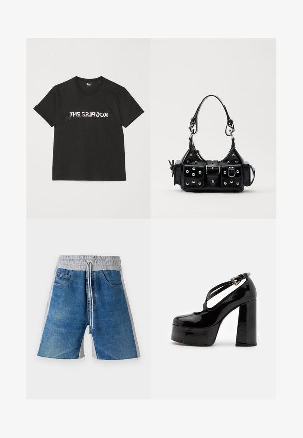 Zwarte katoenen t-shirt met korte mouwen, met een bedrukte witte en grijze "THE 2LOOK"-ontwerp over de voorkant. Klassieke ronde hals.; Denim shorts met een grijze elastische tailleband, voorzien van een trekkoord. Het ontwerp omvat zijzakken en heeft een kleurblokken uitstraling.; The Kooples CHAUSSURES - Hoge hakken - black; Zwarte lederen handtas met een gebogen ontwerp, voorzien van zilveren studs, een gesp en twee zijvakken. Verstelbare schouderband voor verschillende draagmogelijkheden.