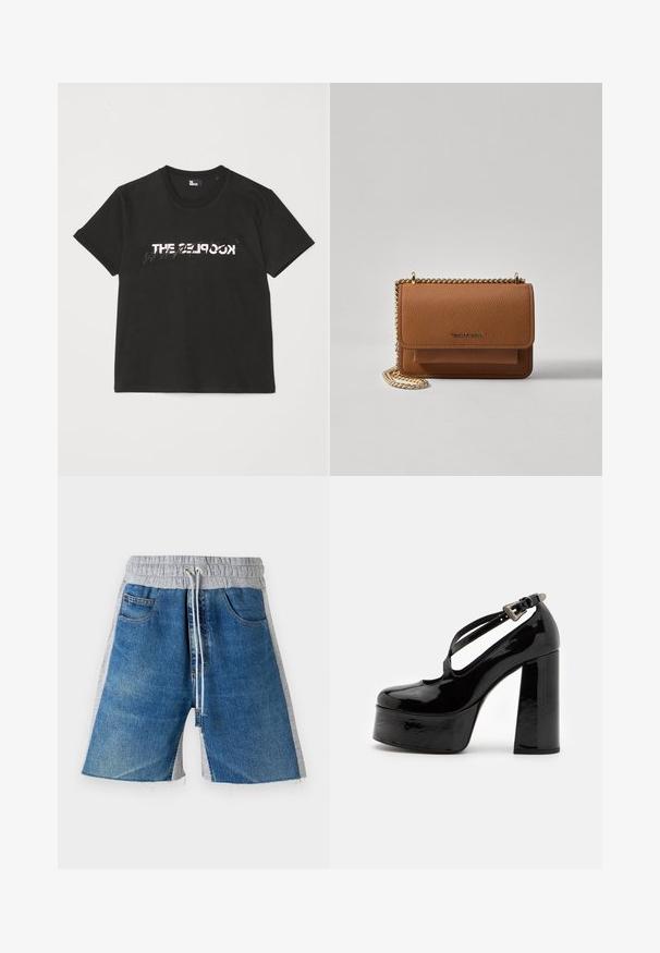 T-shirt en coton noir à manches courtes, avec un motif imprimé blanc et gris "THE 2LOOK" sur le devant. Encolure ras du cou classique.; Shorts en denim avec une taille élastique grise, dotés d'un cordon de serrage. Le design comprend des poches latérales et un aspect bicolore.; The Kooples CHAUSSURES - Escarpins à talons hauts - black; Sac en cuir texturé marron en bandoulière avec une sangle en chaîne dorée et une fermeture à rabat. L'avant présente un détail de logo et une poche sous le rabat.