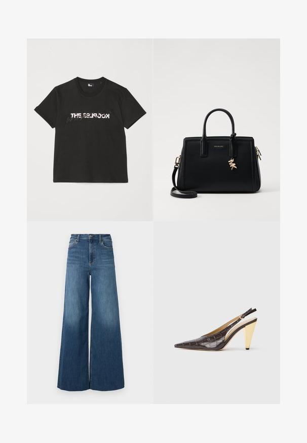 Black cotton t-shirt with short sleeves, featuring a printed white and gray "THE 2LOOK" design across the front. Classic crew neck.; rag & bone FLEXI SOFIE HIGH RISE FULL LENGTH WIDE - Relaxed fit jeans - willow; Pointed-toe slingback heel in dark brown glossy faux crocodile leather. Features a gold-tone geometric heel and adjustable ankle strap.; Black leather handbag with structured design, dual top handles, detachable shoulder strap, gold hardware, and a logo charm accent.