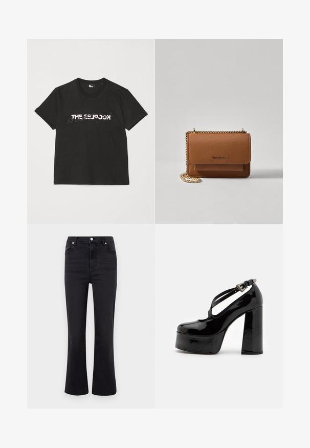 T-shirt di cotone nera con maniche corte, caratterizzata da una stampa bianca e grigia "THE 2LOOK" sul davanti. Collo girocollo classico.; Jeans neri a campana con vita alta, realizzati in denim. Presentano tasche frontali, chiusura con bottone e una trama liscia.; The Kooples CHAUSSURES - Decolleté - black; Borsa a tracolla in pelle marrone con texture, dotata di catena dorata e chiusura a pattina. Sul davanti presenta un dettaglio con logo e una tasca sotto la pattina.