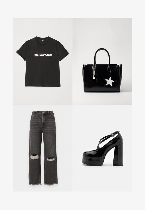 Czarna bawełniana koszulka z krótkim rękawem, z nadrukowanym białym i szarym wzorem "THE 2LOOK" na przodzie. Klasyczny okrągły dekolt.; Spodnie dżinsowe z wysokim stanem i szerokimi nogawkami w ciemnoszarym deninie z postrzępionym dołem i przetarciami na kolanach, z delikatnym wyblakłym kolorem oraz klasycznym pięciopocketowym fasonem.; The Kooples CHAUSSURES czarny; Czarna torebka z lakierowanej skóry o eleganckim kształcie. Posiada srebrne metalowe elementy, zamek i biały akcent w kształcie gwiazdy z boku.