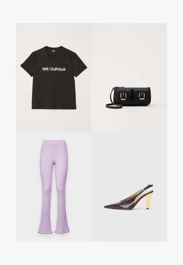 Czarna bawełniana koszulka z krótkim rękawem, z nadrukowanym białym i szarym wzorem "THE 2LOOK" na przodzie. Klasyczny okrągły dekolt.; Jasnofioletowe, prążkowane spodnie z rozszerzanymi nogawkami, elastycznym paskiem w talii i falbanym wykończeniem. Miękka tekstura, dopasowany krój i swobodny styl.; Sandały na obcasie z przeszyciem w ciemnym brązowym lakierowanym faux krokodyle. Posiadają złoty geometrzyczny obcas oraz regulowany pasek wokół kostki.; Czarna skórzana torba na ramię z dwoma przednimi kieszeniami, złotymi klamrami, zamkiem błyskawicznym i cienkim paskiem. Teksturowana powierzchnia i kompaktowy prostokątny kształt.
