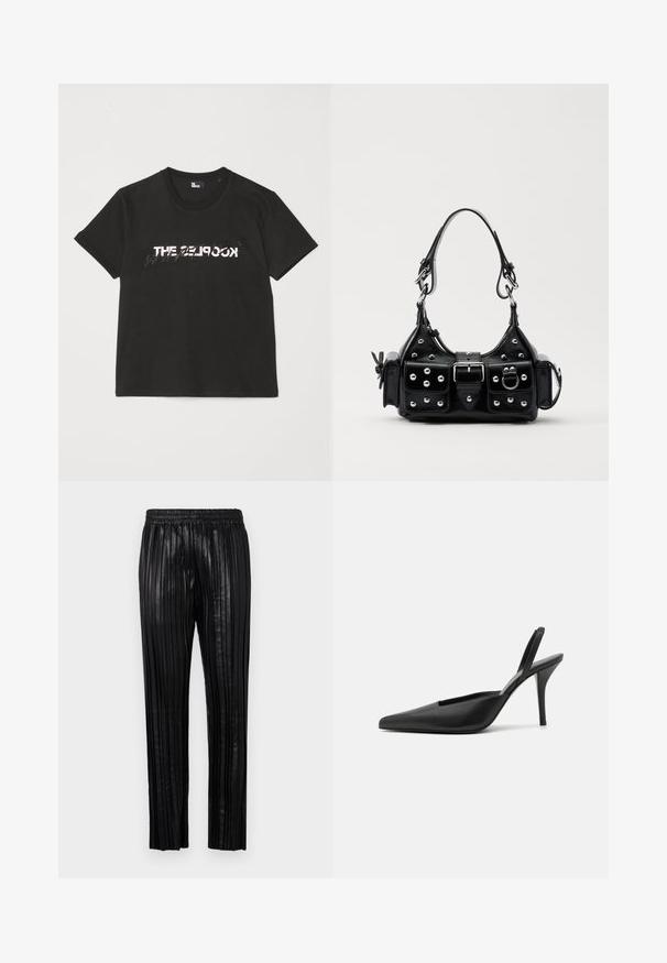 Black cotton t-shirt with short sleeves, featuring a printed white and gray "THE 2LOOK" design across the front. Classic crew neck.; Black pleated trousers made of leather with an elastic waistband and straight-leg cut, featuring vertical grooves for texture.; Black slingback heeled shoes with a pointed toe, smooth leather material, and a sleek, minimalistic design. High stiletto heel.; Black leather handbag with a curved design, featuring silver studs, a buckle, and two side pockets. Adjustable strap for carrying options.