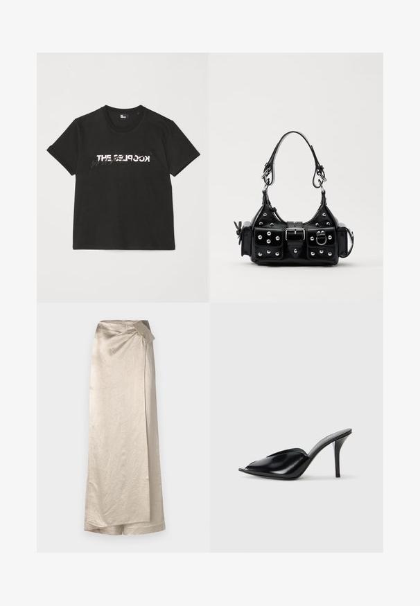 Čierne bavlnené tričko s krátkymi rukávmi, na prednej strane so potlačou bieleho a šedého dizajnu "THE 2LOOK". Klasický okrúhly výstrih.; Dlhá béžová sukňa vyrobená z lesklého, textúrovaného materiálu. Má prekrývací dizajn s bočnou mašľou a čistým lemom.; Čierne kožené vysoké podpätky s otvorenou špičkou, špicatý dizajn, hladká textúra a štíhly stiletto podpätok.; Čierna kožená kabelka s zakriveným dizajnom, doplnená striebornými cvočkami, prackou a dvoma bočnými vreckami. Nastaviteľný popruh poskytuje rôzne možnosti nosenia.
