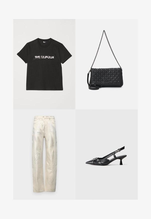 Juodas medvilninis marškinėliai trumpomis rankovėmis, su spausdintu baltu ir pilku „THE 2LOOK“ dizainu priekyje. Klasikinis apvalus iškirpimas.; Šviesiai smėliniai plačių kojų džinsai su metaliniu blizgesiu, pagaminti iš lygaus denimo su standartiniu penkių kišenių dizainu.; Juodas odinis slingback tipo batai su smailiu priekiniu atvartu, dekoratyvinėmis sagtimis su metaliniais akyčiais ir žemu blokiniu kulnu. Saldus paviršius.; Juodas apklijuotas odinis krepšys su grandinės dirželiu, papuoštas kaukolės akcentais ir užtrauktuku. Strukturizuotas paviršius su blizgiu apdailu.