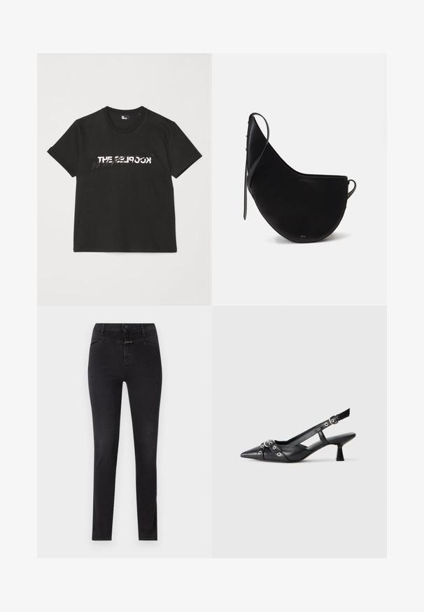 Crna pamučna majica s kratkim rukavima, s printanim bijelim i sivim dizajnom "THE 2LOOK" na prednjem dijelu. Klasičan okrugli izrez.; Crne uske traperice od denima s uskim krojem, dizajnom s pet džepova, zatvaranjem na dugme i munju, te suptilnim šavovima duž šavova.; Crne kožne cipele s remenom oko pete, s izduženim vrhom, dekorativnim trakama s metalnim rupama i niskom blok petom. Teksturirana površina.; Crna kožna torbica u obliku zakrivljenog mjeseca, s tankom naramenicom i suptilnim zlatnim brandiranjem sprijeda. Glatka tekstura s minimalnim hardverom.