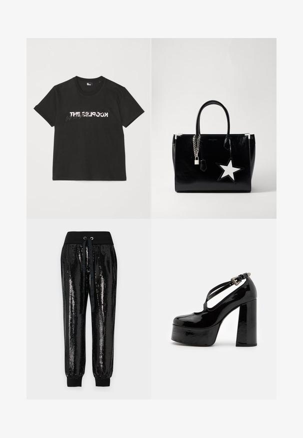 Zwarte katoenen t-shirt met korte mouwen, met een bedrukte witte en grijze "THE 2LOOK"-ontwerp over de voorkant. Klassieke ronde hals.; Zwarte satin joggers met een elastische tailleband. Voorzien van een trekkoordsluiting en taps toelopende enkelboorden. Gladde textuur met een glanzende afwerking.; The Kooples CHAUSSURES - Hoge hakken - black; Zwarte lakleren handtas met een slanke vorm. Voorzien van zilveren kettinghardware, een slot en een witte steraccent aan de zijkant.