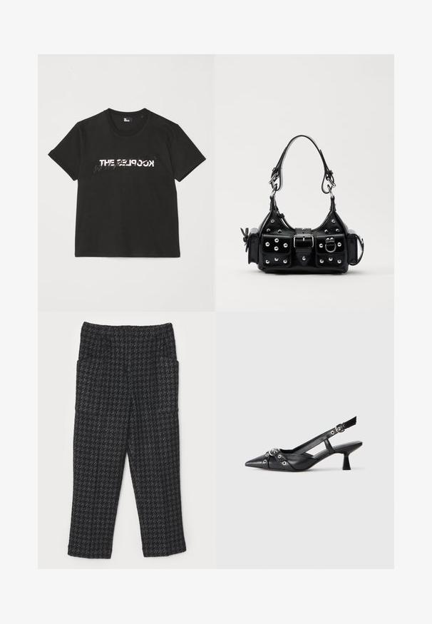 Crna pamučna majica s kratkim rukavima, s printanim bijelim i sivim dizajnom "THE 2LOOK" na prednjem dijelu. Klasičan okrugli izrez.; Crne teksturirane hlače s uzorkom jastučića, ravnog kroja, s elastičnom visokim strukom i dva bočna džepa.; Crne kožne cipele s remenom oko pete, s izduženim vrhom, dekorativnim trakama s metalnim rupama i niskom blok petom. Teksturirana površina.; Crna kožna torba s zakrivljenim dizajnom, koja sadrži srebrne zakovice, kopču i dva bočna džepa. Podesiva traka za različite opcije nošenja.