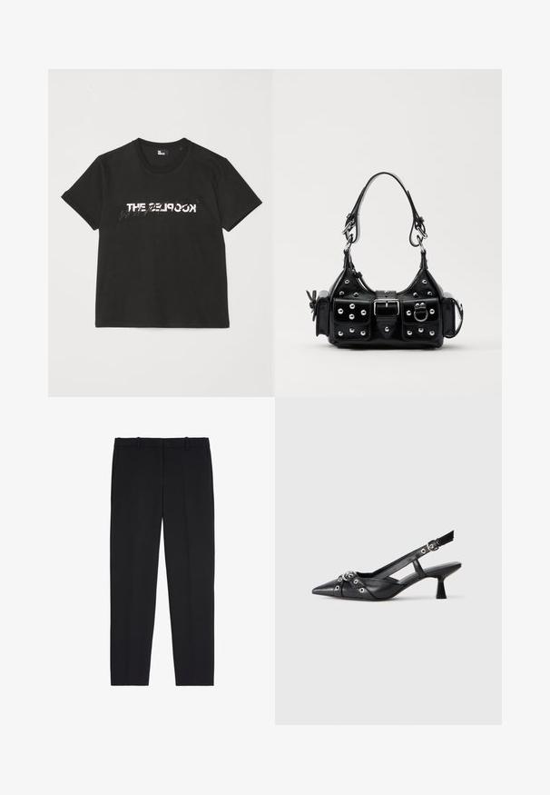 Zwarte katoenen t-shirt met korte mouwen, met een bedrukte witte en grijze "THE 2LOOK"-ontwerp over de voorkant. Klassieke ronde hals.; Zwarte broek van gladde stof, met een recht gesneden ontwerp, platte voorkant, riemlussen en zijzakken. Geen zichtbare patronen of accenten.; Zwarte leren slingback schoen met een puntige neus, decoratieve banden met metalen oogjes en een lage blokhak. Textuur oppervlak.; Zwarte lederen handtas met een gebogen ontwerp, voorzien van zilveren studs, een gesp en twee zijvakken. Verstelbare schouderband voor verschillende draagmogelijkheden.