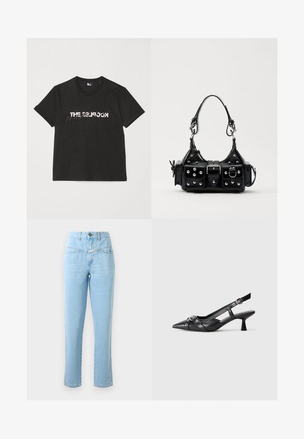 Must mustriba t-särk lühikeste varrukatega, mille ees on valge ja hall "THE 2LOOK" disain. Klassikaline ümmargune kaelus.; Kõrge vöökohaga helesinised denim teksad, millel on eestaskud, nööp ja lukuga sulgemine ning sirge lõikega sääred.; Must must have must toote tõmblukuga, dekoratiivsed rihmad metallist silmadega ja madal blokk-kand. Tekstureeritud pind.; Must värvi nahast käekott, millel on kaarjas disain, hõbedased nupukesed, kinnitusahe ja kaks külgtaskut. Reguleeritav rihm erinevate kandmisvõimaluste jaoks.