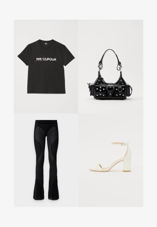 T-shirt de algodão preto com mangas curtas, apresentando um design impresso em branco e cinza "THE 2LOOK" na parte da frente. Gola redonda clássica.; Leggings em malha preta com corte flared, detalhes texturizados e inserções padronizadas. Apresentam uma cintura alta com o logótipo da marca na parte superior.; Sandal de bloco em pele branca, apresentando uma correia no tornozelo com fivela e um design minimalista. Com biqueira aberta e texturas suaves ao longo de toda a peça.; Bolsa de couro preta com um design curvado, apresentando tachas prateadas, uma fivela e dois bolsos laterais. Alça ajustável para opções de transporte.