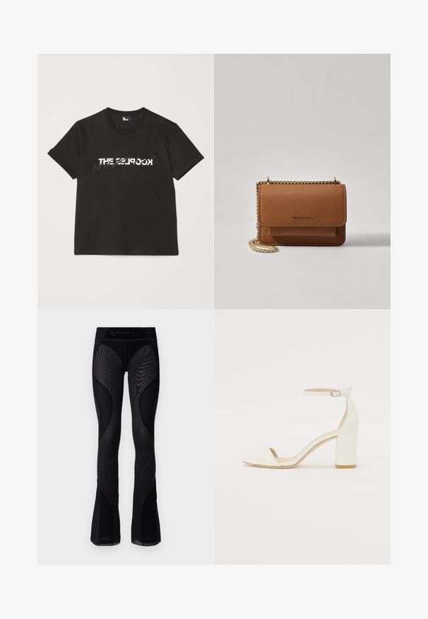 T-shirt de algodão preto com mangas curtas, apresentando um design impresso em branco e cinza "THE 2LOOK" na parte da frente. Gola redonda clássica.; Leggings em malha preta com corte flared, detalhes texturizados e inserções padronizadas. Apresentam uma cintura alta com o logótipo da marca na parte superior.; Sandal de bloco em pele branca, apresentando uma correia no tornozelo com fivela e um design minimalista. Com biqueira aberta e texturas suaves ao longo de toda a peça.; Bolsa crossbody de couro texturizado castanho com alça de corrente dourada e fecho com aba. A parte da frente apresenta detalhe do logótipo e um bolso sob a aba.