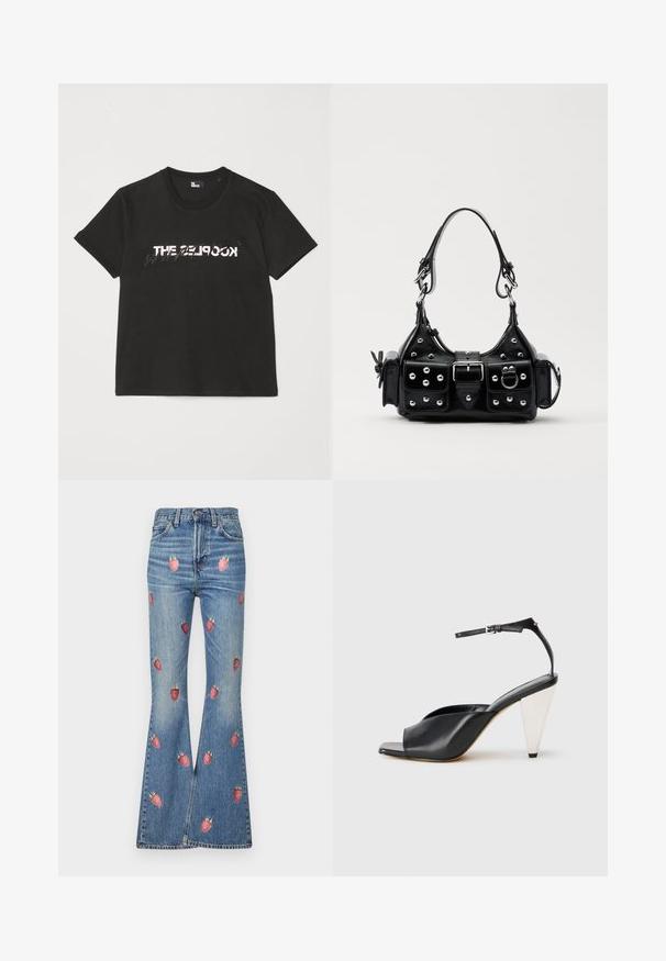 T-shirt di cotone nera con maniche corte, caratterizzata da una stampa bianca e grigia "THE 2LOOK" sul davanti. Collo girocollo classico.; Jeans in denim a zampa d'elefante di colore azzurro chiaro, con ricami di fragole rosse su tutta la superficie. Alta vita con design tradizionale a cinque tasche.; Sandal con tacco alto in pelle nera, con punta aperta, design asimmetrico, cinturino alla caviglia e tacco metallico a forma di cono. Texture liscia.; Borsa a mano in pelle nera con design curvo, caratterizzata da borchie argentate, una fibbia e due tasche laterali. Tracolla regolabile per diverse opzioni di trasporto.