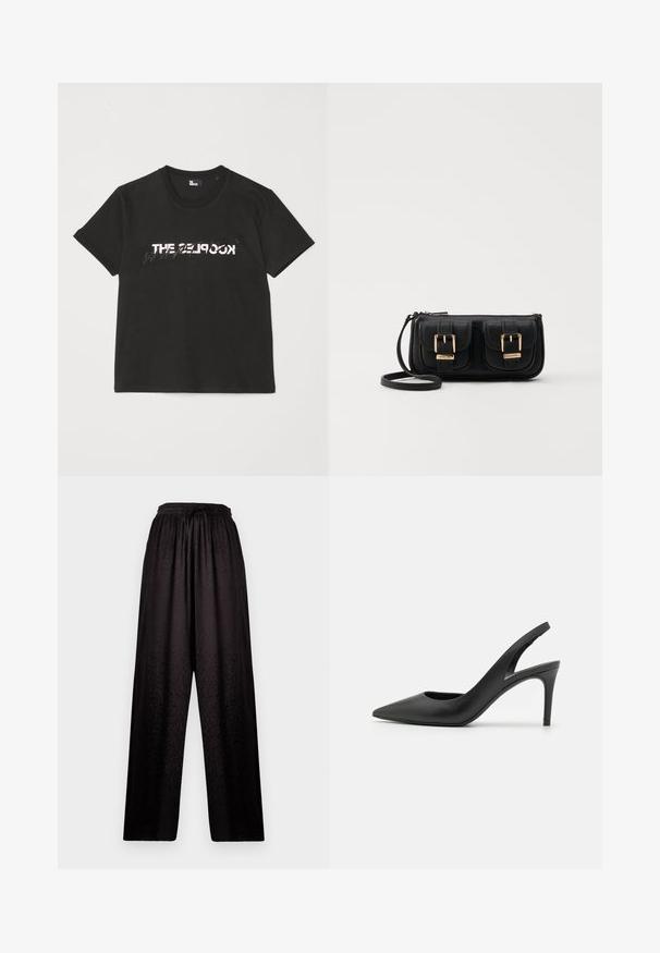 Zwarte katoenen t-shirt met korte mouwen, met een bedrukte witte en grijze "THE 2LOOK"-ontwerp over de voorkant. Klassieke ronde hals.; Zwarte wijde broek met een elastische tailleband en een subtiele luipaardprint textuur, met een trekkoord aan de voorkant.; Zwarte leren slingback hoge hakken met een puntige neus, met een uitsparing aan de voorkant en een dunne stilettohak.; Zwarte leren schoudertas met twee vo pockets, gouden gespen, ritsluiting en een smalle band. Tekstuur oppervlak en compacte rechthoekige vorm.