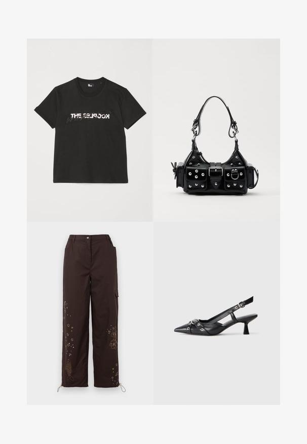 Čierne bavlnené tričko s krátkymi rukávmi, na prednej strane so potlačou bieleho a šedého dizajnu "THE 2LOOK". Klasický okrúhly výstrih.; Hnedé nohavice s širokými nohavicami a vyšívanými hviezdami a rybími vzormi. Obsahujú elastický pás, dve postranné vrecká a nastaviteľné viazanie na členkoch.; Čierne kožené slingback topánky s špicatou špičkou, ozdobnými popruhmi s kovovými očkami a nízkym blokovým podpätkom. Textúrovaný povrch.; Čierna kožená kabelka s zakriveným dizajnom, doplnená striebornými cvočkami, prackou a dvoma bočnými vreckami. Nastaviteľný popruh poskytuje rôzne možnosti nosenia.