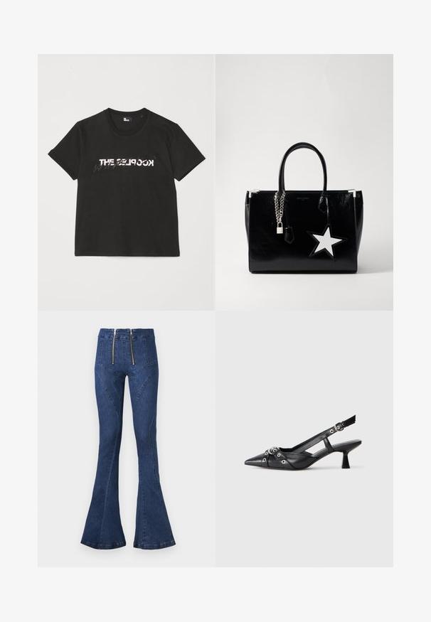 Camiseta de algodón negra de manga corta, con un diseño impreso en blanco y gris que dice "THE 2LOOK" en el frente. Cuello redondo clásico.; Jeans acampanados de tiro alto en azul oscuro con un doble cierre frontal, que presentan detalles de costura curvada y una textura de denim suave.; Zapato de slingback negro de piel con punta afilada, correas decorativas con ojales de metal y un tacón bajo y ancho. Superficie texturizada.; Bolso de mano de charol negro con una forma elegante. Presenta herrajes de cadena plateada, una cerradura y un acento de estrella blanca en el lateral.
