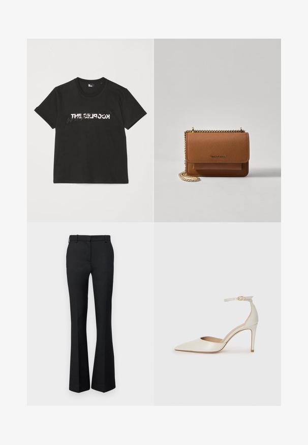Svart bomullströja med korta ärmar, med en tryckt vit och grå "THE 2LOOK" design över framsidan. Klassisk rund halsringning.; Svartavidgade byxor i en texturerad väv, med midjeband och bältesöglor, skräddarsydd passform och sidofickor.; Vit läderhögklackad sko med spetsig tå, ankelrem och en smal stilettklack. Slät textur med diskret glänsande finish.; Brun texturerad läder crossbody-väska med guldkedja och klaffstängning. Framsidan har logotypdetalj och en ficka under klaffen.