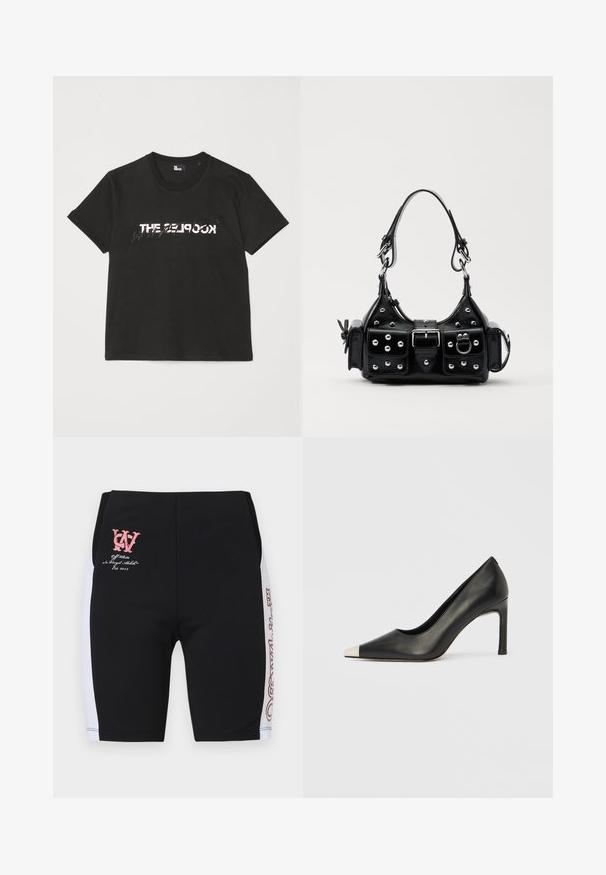 Czarna bawełniana koszulka z krótkim rękawem, z nadrukowanym białym i szarym wzorem "THE 2LOOK" na przodzie. Klasyczny okrągły dekolt.; Czarne spodenki sportowe z białymi panelami bocznymi, z różowym logo i napisem z przodu. Wykonane z rozciągliwego materiału, zaprojektowane z myślą o komforcie.; Czarny skórzany but na wysokim obcasie z ostrym noskiem i metaliczną srebrną nasadką. Posiada gładkie wykończenie i smukły obcas o wysokości 10 cm.; Czarna skórzana torebka w zakrzywionym kształcie, z srebrnymi ćwiekami, klamrą i dwoma bocznymi kieszeniami. Regulowany pasek umożliwiający różne opcje noszenia.