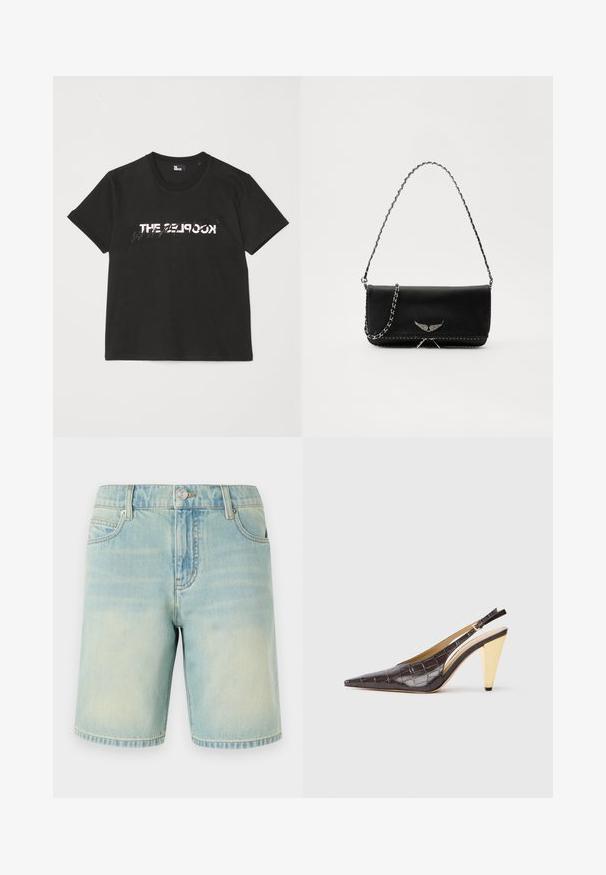 Fekete pamut póló rövid ujjakkal, elöl fehér és szürke "THE 2LOOK" felirattal. Klasszikus kerek nyakkivágás.; Világoskék farmer rövidnadrág, kopott hatással, öt zsebbel, látható varrással és fémből készült gombos zárral a derékrészen.; Hegyes orrú slingback sarok sötétbarna, fényes mű krokodilbőrben. Aranyszínű geometrikus sarka és állítható bokapánt jellemzi.; Fekete bőrtáska ezüstlánc pánttal, díszes szárnyakkal és fehér varrással az alsó varrat mentén.