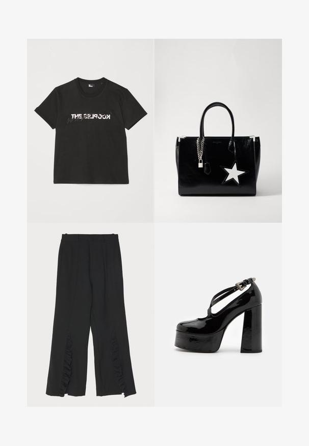 Zwarte katoenen t-shirt met korte mouwen, met een bedrukte witte en grijze "THE 2LOOK"-ontwerp over de voorkant. Klassieke ronde hals.; Zwarte broek met een wijde pijpontwerp, voorzien van ruches aan de zijkanten en een platte tailleband. Glad weefsel, op maat gemaakt.; The Kooples CHAUSSURES - Hoge hakken - black; Zwarte lakleren handtas met een slanke vorm. Voorzien van zilveren kettinghardware, een slot en een witte steraccent aan de zijkant.