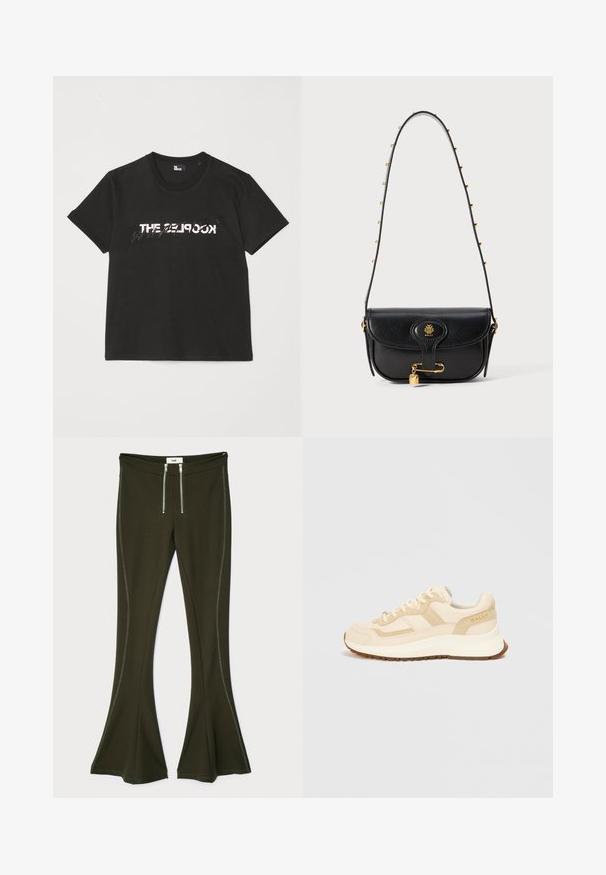 Sort bomulds t-shirt med korte ærmer, der har et trykt hvidt og gråt "THE 2LOOK" design over forsiden. Klassisk crew neck.; Mørke olivengrønne flared bukser lavet af strækbart materiale, med metalliske lynlåsdetailleringer og kontrasterende sidesømme.; Beige sneakers lavet af ruskind og lædermaterialer; har en tyk hvid mellemsål, gummiydersål og subtil branding på hælen.; Sorte læderhåndtaske med en struktureret design, der har et guldlogo, et hængelåsdetalje og en skulderrem med kædeudsmykning.