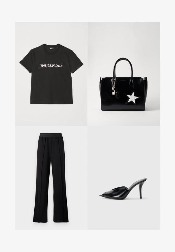 Sort bomulds t-shirt med korte ærmer, der har et trykt hvidt og gråt "THE 2LOOK" design over forsiden. Klassisk crew neck.; Sorte brede bukser lavet af glat stof med en strækbar elastik. Har folder for ekstra volumen og bevægelse, uden synlige mønstre eller detaljer.; Sorte læder højhælede mules med åbent tådesign, spidse former, glat tekstur og en slank stiletto hæl.; Sort patenteret læderhåndtaske med en slank form. Har sølv kæde hardware, en lås og en hvid stjerne accent på siden.