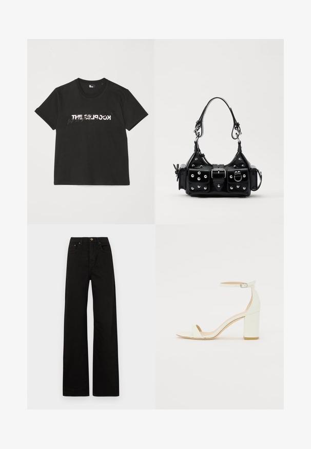Μαύρο βαμβακερό t-shirt με κοντά μανίκια, που διαθέτει εκτυπωμένο το λευκό και γκρι σχέδιο "THE 2LOOK" μπροστά. Κλασικός στρογγυλός λαιμός.; Μαύρο παντελόνι με φαρδιά καμπάνα, φτιαγμένο από ανθεκτικό ύφασμα. Διαθέτει κλείσιμο με κουμπί στο μπροστινό μέρος, θηλιές ζώνης και δύο μπροστινές τσέπες. Λείος, ομοιόμορφος υφασμάτινος σκελετός.; Λευκό δερμάτινο σανδάλι με τετράγωνο τακούνι, που διαθέτει λουράκι στοankle με αγκράφα και μινιμαλιστικό σχεδιασμό. Ανοιχτή μύτη και ομαλές υφές σε όλη την επιφάνεια.; Μαύρη δερμάτινη τσάντα χειρός με καμπύλο σχεδιασμό, που διαθέτει ασημένιους στρόφους, κούμπωμα και δύο πλευρικές τσέπες. Ρυθμιζόμενος ιμάντας για επιλογές μεταφοράς.
