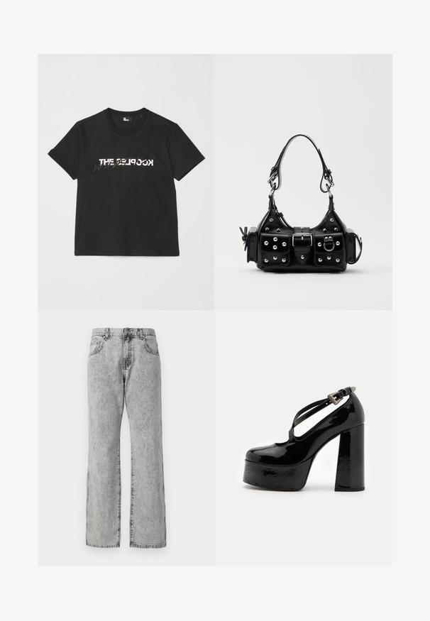 Crna pamučna majica s kratkim rukavima, s printanim bijelim i sivim dizajnom "THE 2LOOK" na prednjem dijelu. Klasičan okrugli izrez.; Svijetlo sivi traper široke nogavice s izblijedjelim završetkom, klasični dizajn s pet džepova, kopčanje na dugme i šivani detalji.; The Kooples CHAUSSURES - Visoke pete - black; Crna kožna torba s zakrivljenim dizajnom, koja sadrži srebrne zakovice, kopču i dva bočna džepa. Podesiva traka za različite opcije nošenja.