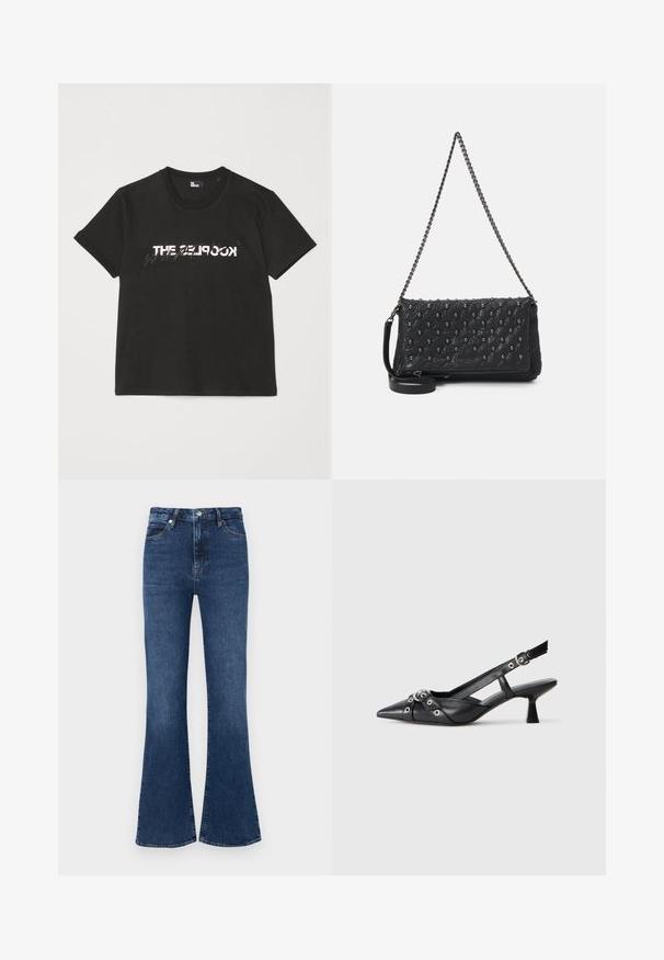 Czarna bawełniana koszulka z krótkim rękawem, z nadrukowanym białym i szarym wzorem "THE 2LOOK" na przodzie. Klasyczny okrągły dekolt.; Ciemnoniebieskie dzwony wykonane z denimu, z wysokim stanem, standardowym pięciokomorowym fasonem oraz subtelnymi zdobieniami z przeszyć.; Czarne skórzane buty typu slingback z ostrym noskiem, ozdobnymi paskami z metalowymi oczkami oraz niskim klinowym obcasem. Teksturowana powierzchnia.; Czarna pikowana skórzana torba z łańcuszkiem, ozdobiona akcentami czaszki i zamkiem błyskawicznym. Teksturowana powierzchnia o błyszczącym wykończeniu.
