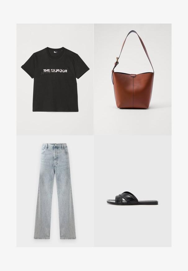 Schwarzes Baumwoll-T-Shirt mit kurzen Ärmeln, das ein gedrucktes weißes und graues "THE 2LOOK"-Design auf der Vorderseite zeigt. Klassischer Rundhalsausschnitt.; Hellblaue Jeans mit hoher Taille, weitem Bein, traditionellem Fünf-Taschen-Design und subtilen Waschungseffekten.; Schwarze Rutsch-Sandalen mit glattem Leder-Finish, ausgestattet mit überkreuzten Riemen und Ausschnitten sowie einer flachen, flexiblen Sohle.; Braune Leder-Schultertasche mit geschwungener Form, glatter Textur und einem einzelnen dünnen Trageriemen. Verfügt über eine dezente Naht und ein kleines Logodetail.