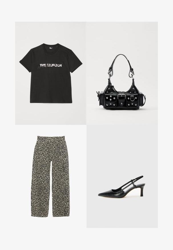 Černé bavlněné tričko s krátkým rukávem, na přední straně se tiskne bílý a šedý design "THE 2LOOK". Klasický kulatý výstřih.; Kalhoty s širokými nohavicemi v leopardi vzoru v neutrální béžové a černé barevné kombinaci. Mají vysoký pas, pět kapes a zapínání na knoflík.; Černé lakované slingback podpatky s špičatou špičkou, zdobené texturovaným hadím vzorem, nastavovacím páskem a krátkým texturovaným blokovým podpatkem.; Černá kožená kabelka s křivkovým designem, zdobená stříbrnými hřebíky, s přezkou a dvěma bočními kapsami. Nastavitelný popruh pro různé možnosti nošení.