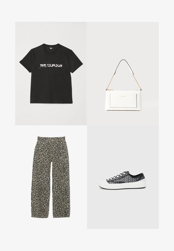 Fekete pamut póló rövid ujjakkal, elöl fehér és szürke "THE 2LOOK" felirattal. Klasszikus kerek nyakkivágás.; Leopárdmintás, széles szárú nadrág semleges bézs és fekete színkombinációban. Magas derékkal, öt zsebbel és gombos záródással rendelkezik.; Fekete és szürke mintázatú sportcipők fehér gumis orral, fűzős kialakítással és texturált fekete kiegészítőkkel az oldalakon.; Fehér bőr kézitáska, texturált felülettel, arany lánccal és fekete részletekkel. Elülső zsebbel és cipzáros zárással rendelkezik.