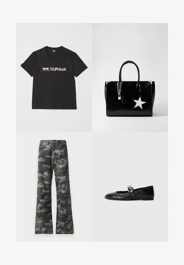 T-shirt di cotone nera con maniche corte, caratterizzata da una stampa bianca e grigia "THE 2LOOK" sul davanti. Collo girocollo classico.; Jeans dritti a gamba lunga in camuffamento grigio scuro e nero, con chiusura a bottoni e zip e tasche anteriori.; Ballerine in pelle nera con punta appuntita, dotate di una fascia con una fibbia metallica circolare e suola piatta.; Borsa a tracolla in pelle verniciata nera con una forma elegante. Presenta accessori in metallo argentato, un lucchetto e un accento a forma di stella bianca sul lato.