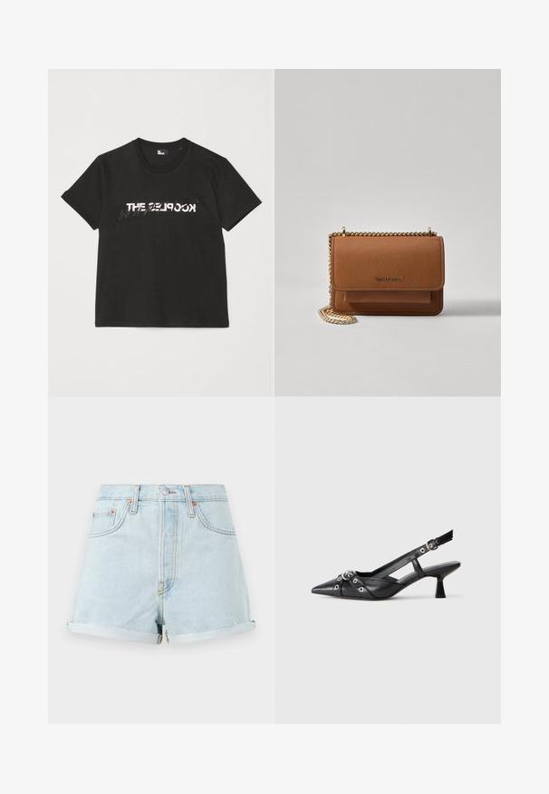 Svart bomullströja med korta ärmar, med en tryckt vit och grå "THE 2LOOK" design över framsidan. Klassisk rund halsringning.; Ljusblå denimshorts med hög midja, uppvikta fållar, kopparnitar och dragkedja fram. Har klassisk femficksstil.; Svart lädersko med slingback-design, spetsig tå, dekorativa remmar med metallöglor och en låg klack. Texturerad yta.; Brun texturerad läder crossbody-väska med guldkedja och klaffstängning. Framsidan har logotypdetalj och en ficka under klaffen.