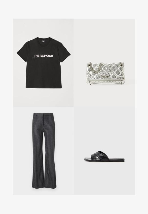 Black cotton t-shirt with short sleeves, featuring a printed white and gray "THE 2LOOK" design across the front. Classic crew neck.; Gray flared trousers made from a textured fabric with thin vertical white stripes, featuring a standard waistband and front pockets.; Black slide sandals with a smooth leather finish, featuring crisscross straps and cut-out details, and a flat, flexible sole.; Silver metallic handbag with chain handle, quilted texture, decorative stitching, and a zip closure. Features embossed accents on the front.
