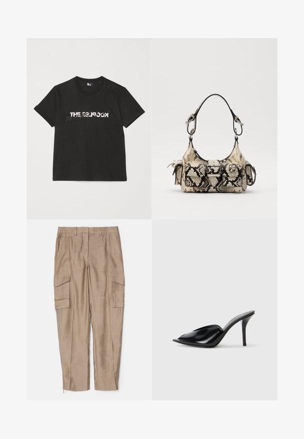 Black cotton t-shirt with short sleeves, featuring a printed white and gray "THE 2LOOK" design across the front. Classic crew neck.; Beige cargo pants featuring a relaxed fit, multiple side pockets, and zip accents at the ankle. Made from a lightweight texture.; Black leather high-heeled mules with an open toe, pointed design, smooth texture, and a slim stiletto heel.; Python-print handbag in beige and black, featuring a structured shape, buckle detail, and dual shoulder straps. Textured surface.