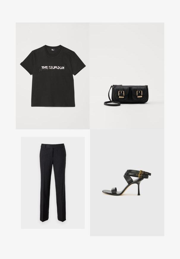 Black cotton t-shirt with short sleeves, featuring a printed white and gray "THE 2LOOK" design across the front. Classic crew neck.; Black pinstriped trousers made of textured fabric. Features a flat front, belt loops, and straight legs. No visible hardware or accents.; Black heeled sandal with crossed straps and adjustable buckle. Features a smooth texture and tapered stiletto heel.; Black leather crossbody bag with two front pockets, gold buckles, zipper closure, and a slim strap. Textured surface and compact rectangular shape.