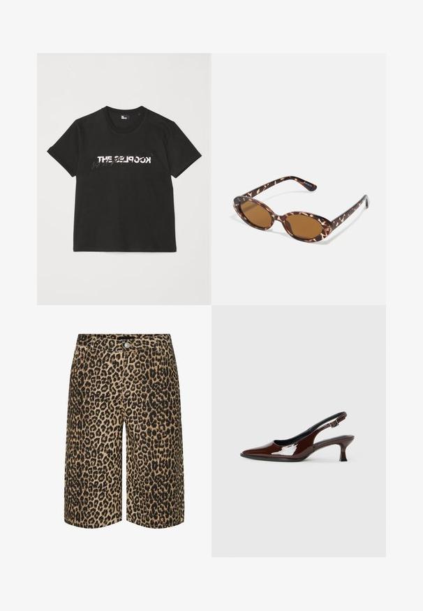 Melnas kokvilnas T-krekls ar īsām piedurknēm, kuram priekšpusē ir printēts balts un pelēks dizains "THE 2LOOK". Klasisks apaļais kakls.; Pieces PCSALUME WIDE - Džinsa auduma šorti - white pepper; Brūnas patentētas ādas sprauga kurpes ar norādītu pirkstu un mērenu papēdi. Aprīkotas ar sprādzi, lai nodrošinātu drošu fit. Gluda tekstūra.; Tortoiseshell saulesbrilles ar ovālu stiklu, brūnganiem toņiem, plāniem rokām ar faktūras rakstu, viegla plastmasas apmale.; Brūns ādas plecu soma ar izliekta formu, zelta piederumiem un sprādzes akcentu. Iesaiņota ar noņemamu plecu siksnu.