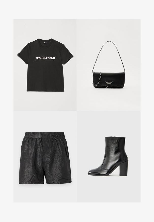 T-shirt en coton noir à manches courtes, avec un motif imprimé blanc et gris "THE 2LOOK" sur le devant. Encolure ras du cou classique.; Shorts noirs en matériau froissé, dotés d'une taille élastique avec deux boutons, d'une coupe au genou et d'une texture lisse.; Bottine en cuir noir, avec une texture lisse, un bout pointu et un talon chunky haut. Présente une ouverture sur le côté et un design minimaliste.; Sac à main en cuir noir avec une bandoulière en chaîne argentée, présentant des accents décoratifs en forme d'ailes et des coutures blanches le long de la couture inférieure.