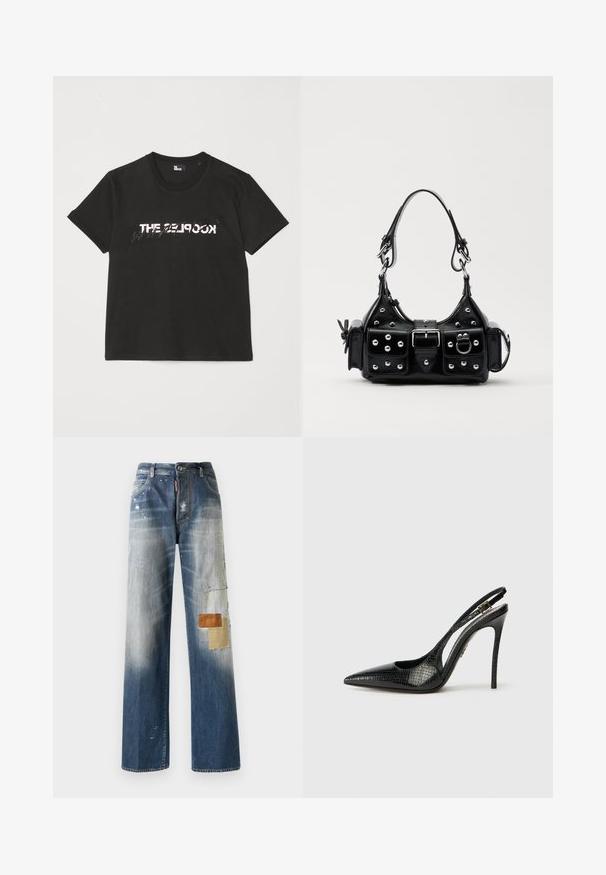 Crna pamučna majica s kratkim rukavima, s printanim bijelim i sivim dizajnom "THE 2LOOK" na prednjem dijelu. Klasičan okrugli izrez.; Plave traperice s opuštenim krojem, izblijedjelim dijelovima i raznim teksturiranim zakrpama u smeđoj i bež boji na lijevoj nozi. Lagano habanje vidljivo.; Crni slingback pumps s šiljastim vrhom, teksturiranim uzorkom zmijske kože, štiklom i dekorativnom kopčom na trakici.; Crna kožna torba s zakrivljenim dizajnom, koja sadrži srebrne zakovice, kopču i dva bočna džepa. Podesiva traka za različite opcije nošenja.