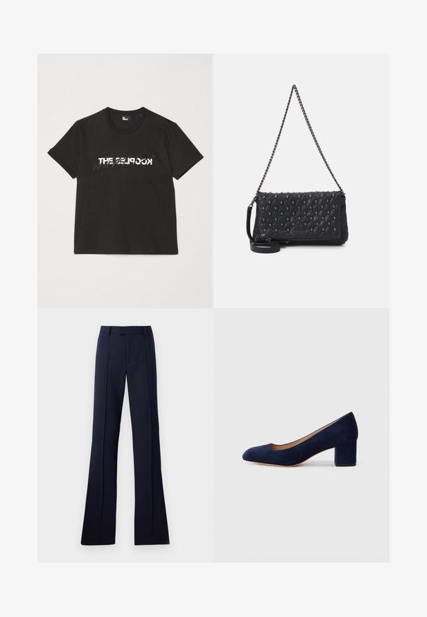 Melnas kokvilnas T-krekls ar īsām piedurknēm, kuram priekšpusē ir printēts balts un pelēks dizains "THE 2LOOK". Klasisks apaļais kakls.; Tumši zili, izplestie bikses, kas izgatavotas no gludas auduma. Iezīmētais priekšējais griezums, jostas cilpas un presētas krokas. Redzami nav ne raksti, ne akcenti.; Tumši zili zamšādas kurpes ar norādītu degunu un vidēja augstuma blokveida papēdi. Gluda tekstūra ar smalku spīdumu un nelielu izgriezumu priekšā.; Melnā iešūta ādas soma ar ķēdes siksnu, ar īkšķa akcentiem un ar rāvējslēdzēju. Tekstūrēta virsma ar spīdīgu apdari.