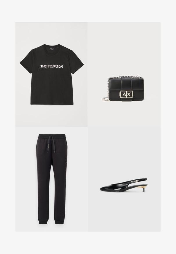 Schwarzes Baumwoll-T-Shirt mit kurzen Ärmeln, das ein gedrucktes weißes und graues "THE 2LOOK"-Design auf der Vorderseite zeigt. Klassischer Rundhalsausschnitt.; Schwarze Jogginghosen aus weichem Baumwollmaterial mit elastischem Bund und Kordelzug. Mit gerippten Bündchen und gesticktem Text an der Seite.; Schwarze Slingback-Pumps mit spitzem Zehenbereich, glänzendem Lederfinish und kleinem Absatz mit goldenen Akzenten. Elegantes Design mit offenem Rücken.; Schwarze Lederhandtasche mit gestepptem Design, silberner Kettenriemen und einem auffälligen silbernen "AX"-Logo auf der Vorderseite. Kompakte rechteckige Form.