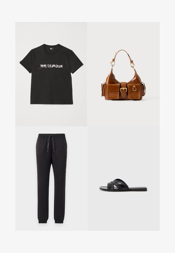 Svart bomullströja med korta ärmar, med en tryckt vit och grå "THE 2LOOK" design över framsidan. Klassisk rund halsringning.; Svarta joggers i mjuk bomull med elastisk midja och dragsko. Har ribbade ärmslut och broderad text på sidan.; Svarta slidesandaler med en slät läderfinish, med korsade remmar och utskärningar, samt en platt, flexibel sula.; Brun läderhandväska med en rundad form, dubbla detaljer i gyllene ton, två framfickor och ett brett band. Slät textur med en elegant finish.