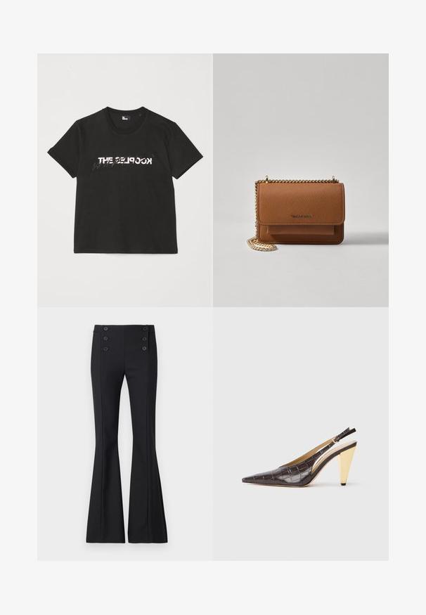 Black cotton t-shirt with short sleeves, featuring a printed white and gray "THE 2LOOK" design across the front. Classic crew neck.; Black flared trousers made of woven fabric, featuring a high waist, front seam details, and four decorative buttons at the waist.; Pointed-toe slingback heel in dark brown glossy faux crocodile leather. Features a gold-tone geometric heel and adjustable ankle strap.; Brown textured leather crossbody bag with gold chain strap and flap closure. Front features logo detail and a pocket under the flap.