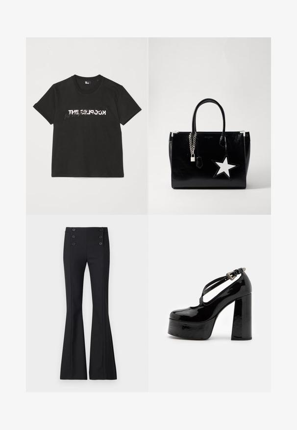 Zwarte katoenen t-shirt met korte mouwen, met een bedrukte witte en grijze "THE 2LOOK"-ontwerp over de voorkant. Klassieke ronde hals.; Zwarte flared broeken van geweven stof, met een hoge taille, voornaaddetails en vier decoratieve knopen in de taille.; The Kooples CHAUSSURES - Hoge hakken - black; Zwarte lakleren handtas met een slanke vorm. Voorzien van zilveren kettinghardware, een slot en een witte steraccent aan de zijkant.