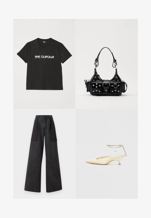 Crna pamučna majica s kratkim rukavima, s printanim bijelim i sivim dizajnom "THE 2LOOK" na prednjem dijelu. Klasičan okrugli izrez.; Hlače širokog kroja od tamnog denima s crnim platnenim panelima sa strane, s visokim strukom i vidljivim šavovima.; Žute satenske cipele s točkom, otvorenom petom i niskim potpeticom, s dekorativnim lančićem oko gležnja koji sadrži cirkone. Glatka tekstura, minimalistički dizajn.; Crna kožna torba s zakrivljenim dizajnom, koja sadrži srebrne zakovice, kopču i dva bočna džepa. Podesiva traka za različite opcije nošenja.