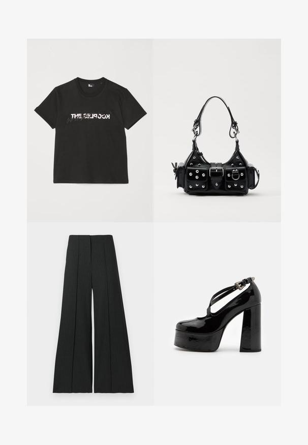 Czarna bawełniana koszulka z krótkim rękawem, z nadrukowanym białym i szarym wzorem "THE 2LOOK" na przodzie. Klasyczny okrągły dekolt.; Czarne spodnie o szerokich nogawkach z pionowymi cienkimi paskami, z dopasowanym krojem, wyraźnymi plisami i gładką fakturą. Stylizowane na formalny wygląd.; The Kooples CHAUSSURES czarny; Czarna skórzana torebka w zakrzywionym kształcie, z srebrnymi ćwiekami, klamrą i dwoma bocznymi kieszeniami. Regulowany pasek umożliwiający różne opcje noszenia.